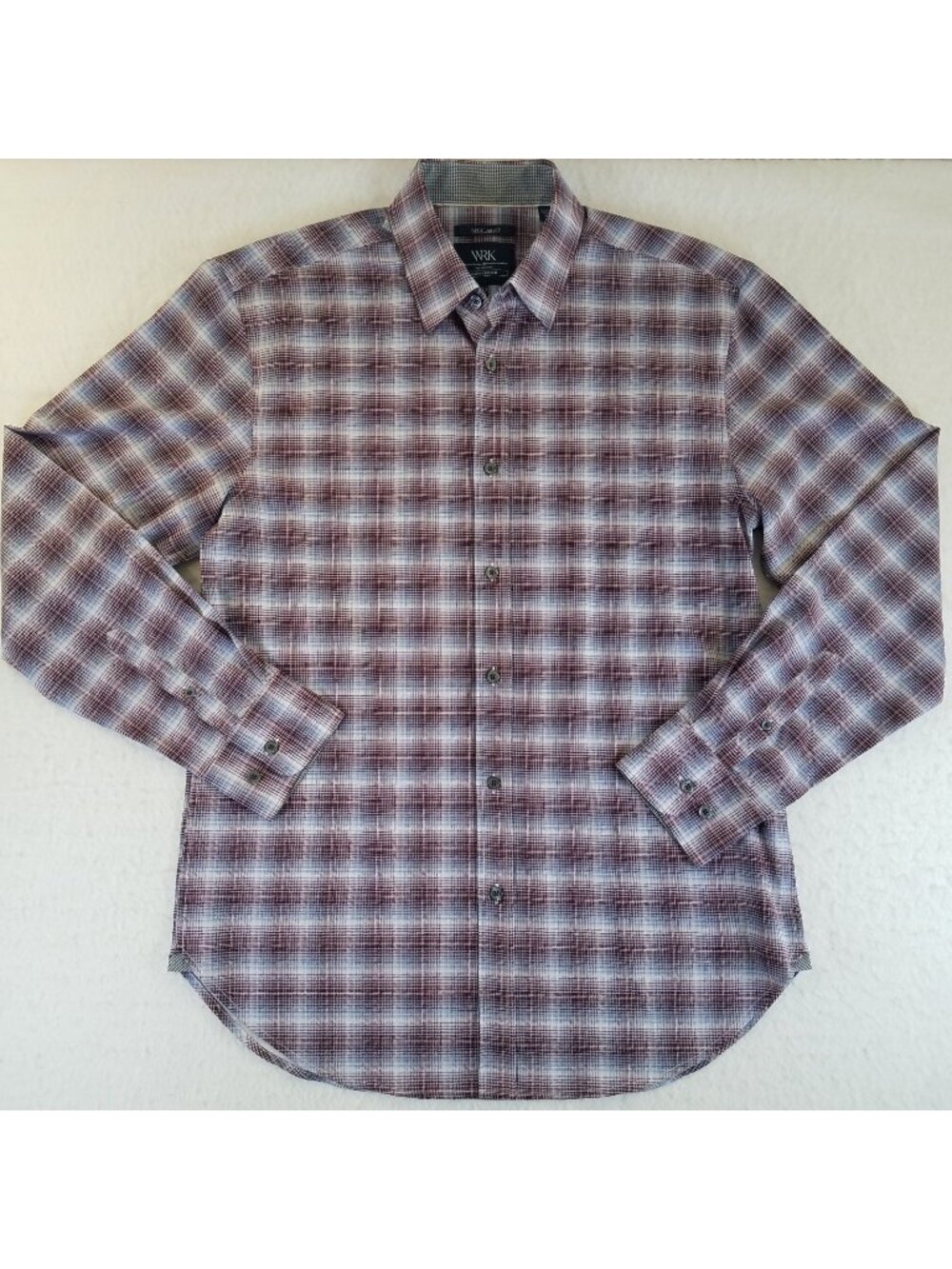 WRK 4-Way Stretch Button Up Shirt SIZE 15.5 42" Chest Regular Burgundy Blue